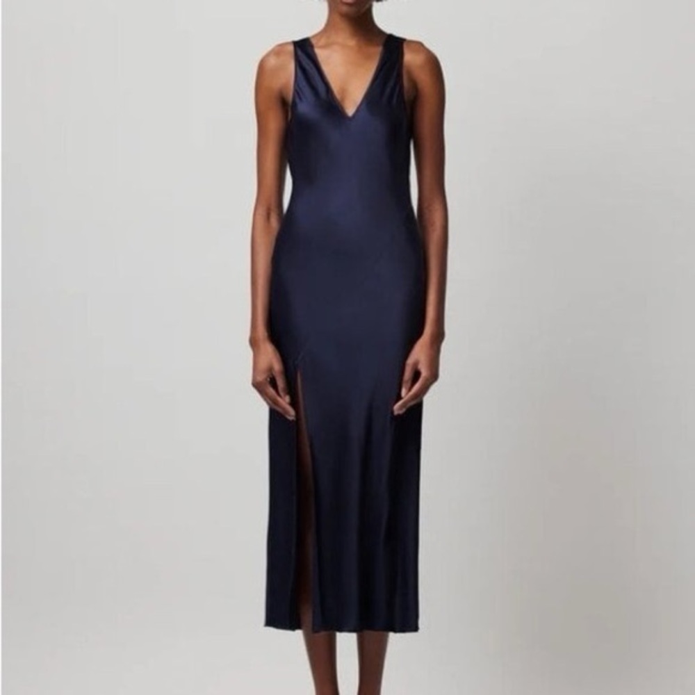 ATM | Silk Slit Bias cut Midi Dress Navy M